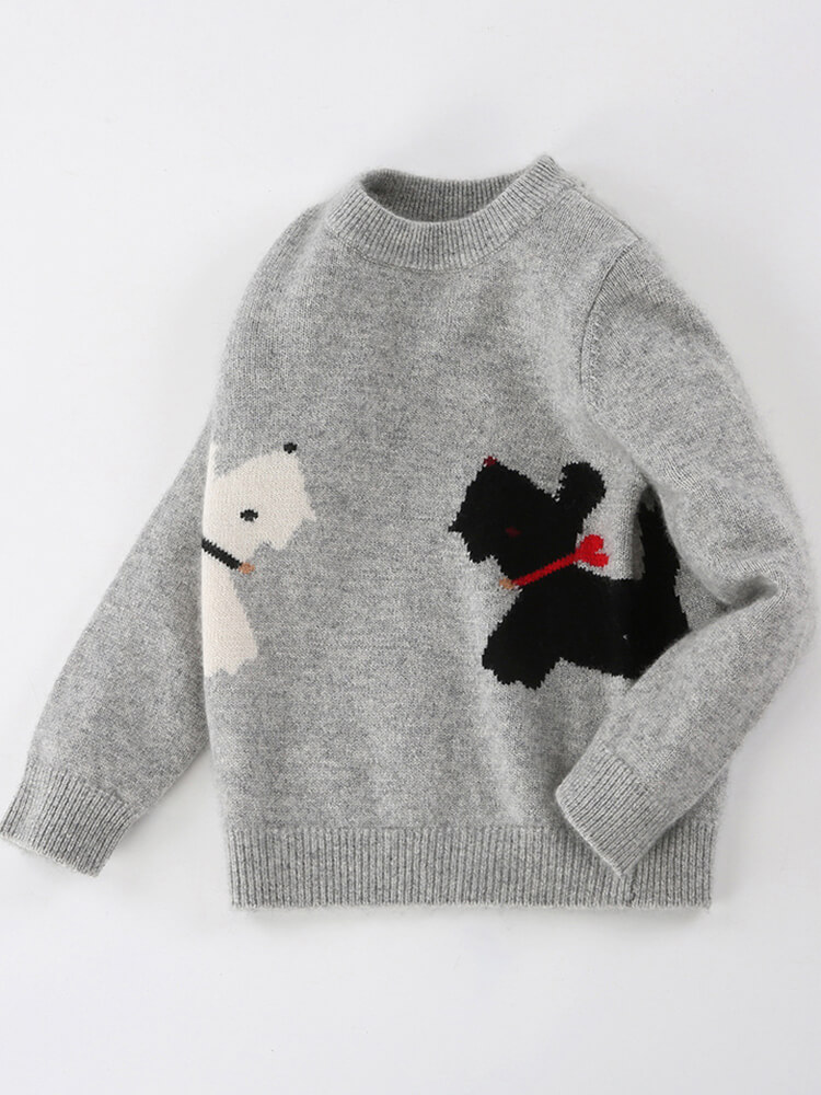 Kids Cute Gray Cashmere Sweater with Two Dogs Pattern